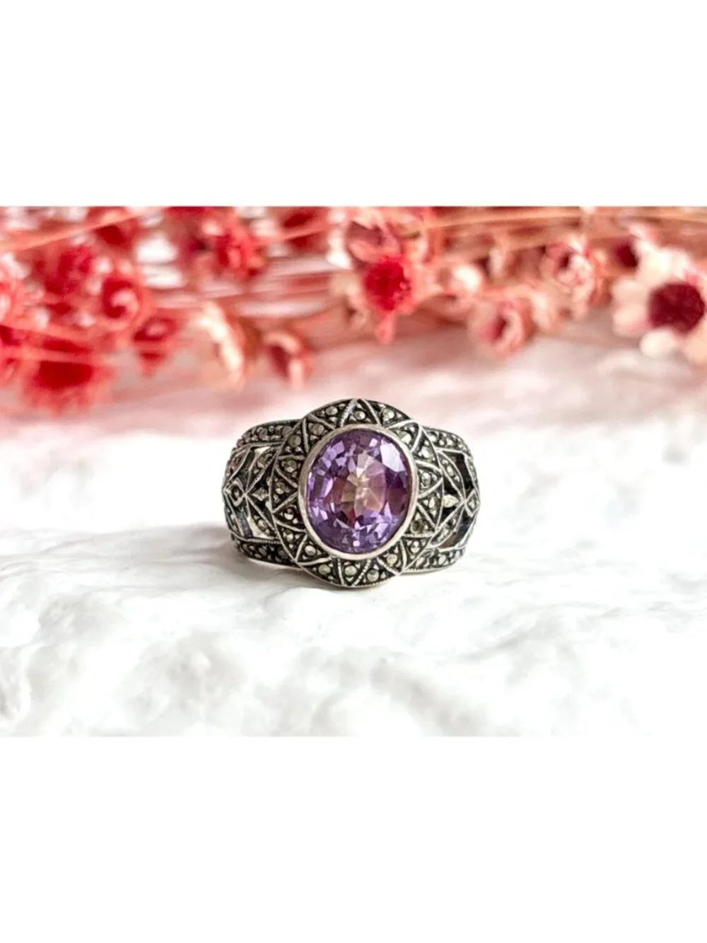 Art Deco Amethyst Gemstone Marcasite Sterling Silver 925 Vintage Ring - sz 5.75